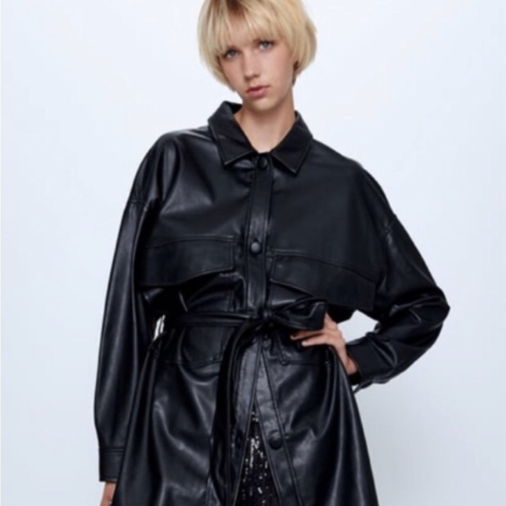 NWT Zara Faux Black Leather Plaid Lined Belted Trench Jacket Shirt Shacket